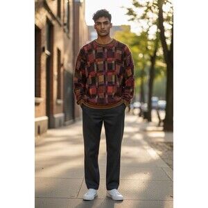 Vintage 90s Jhane Barnes Colourful Knitted Wool Crewneck Sweater Large Geometric